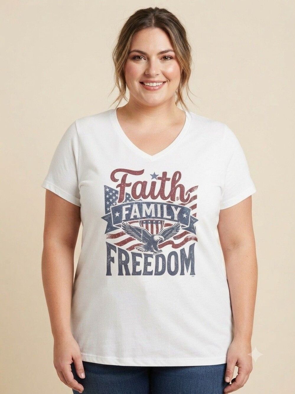 Large Faith Family Freedom Tshirt White Tee V Neck 250 Patriotic Eagle Flag New